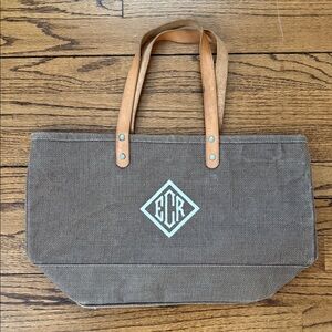 Brown Canvas Tote with Leather Handles - Personalized Monogram